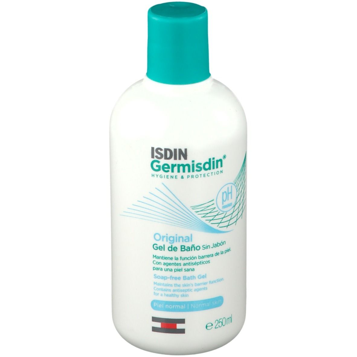 Witte fles met turquoise dop. Opschrift: ISDIN Germisdin, Original Gel de Baño. pH-waarde symbool.