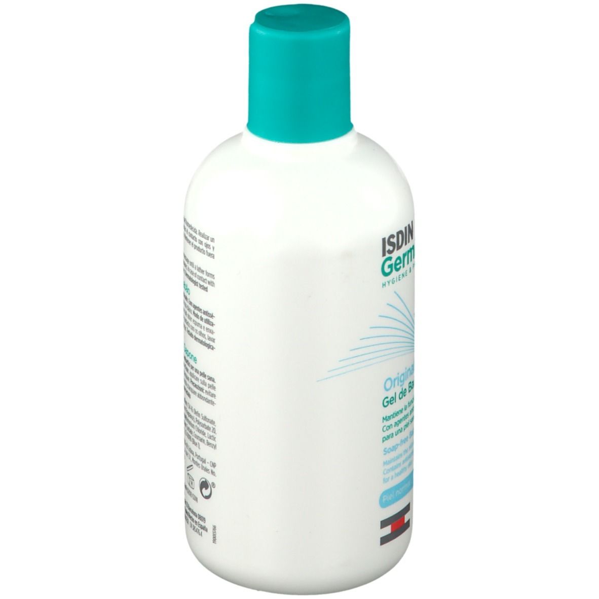 Witte fles met turquoise dop. Opschrift: ISDIN Germisdin, Original Gel de Baño. Zijaanzicht.