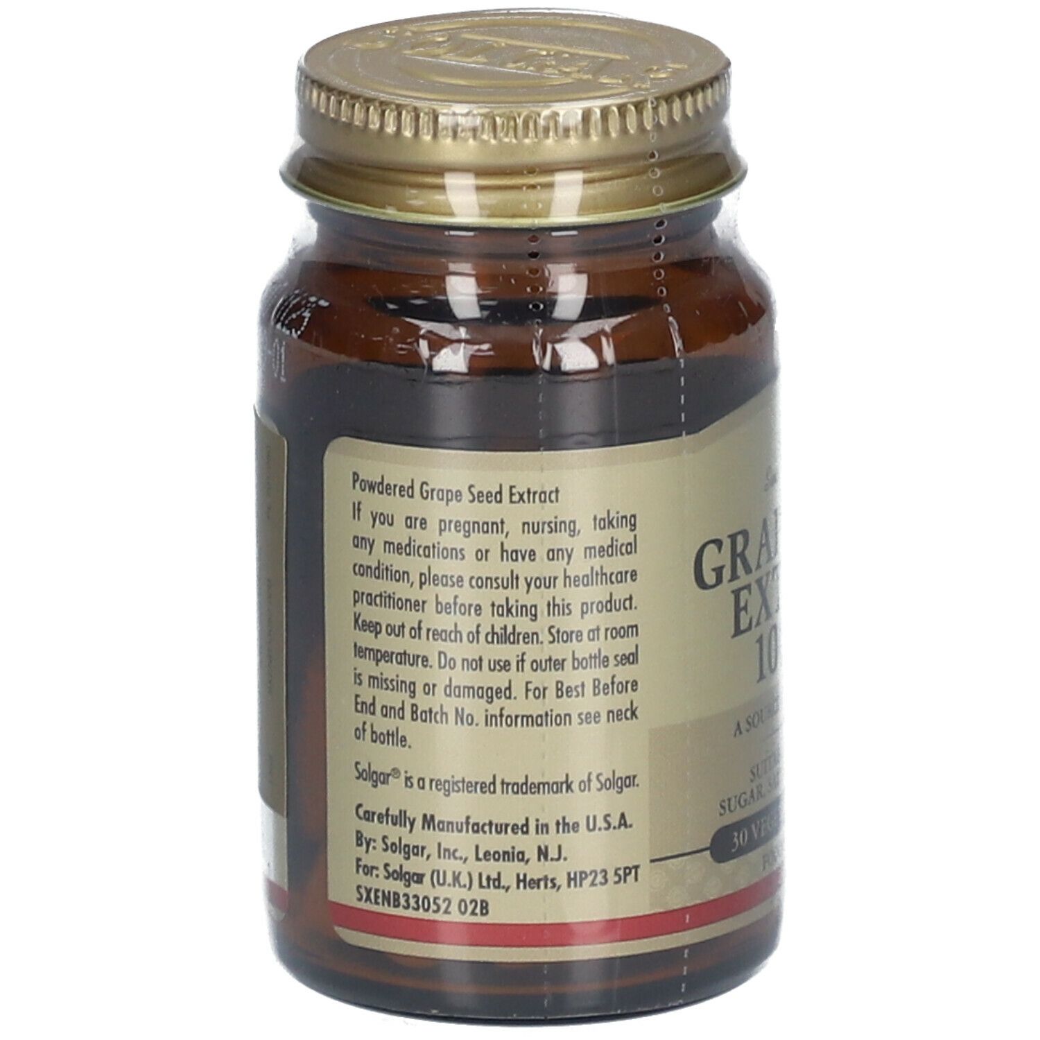 Achterkant van de fles. Tekst: Powdered Grape Seed Extract. Gebruiksaanwijzing. Merk Solgar. Gemaakt in de VS.