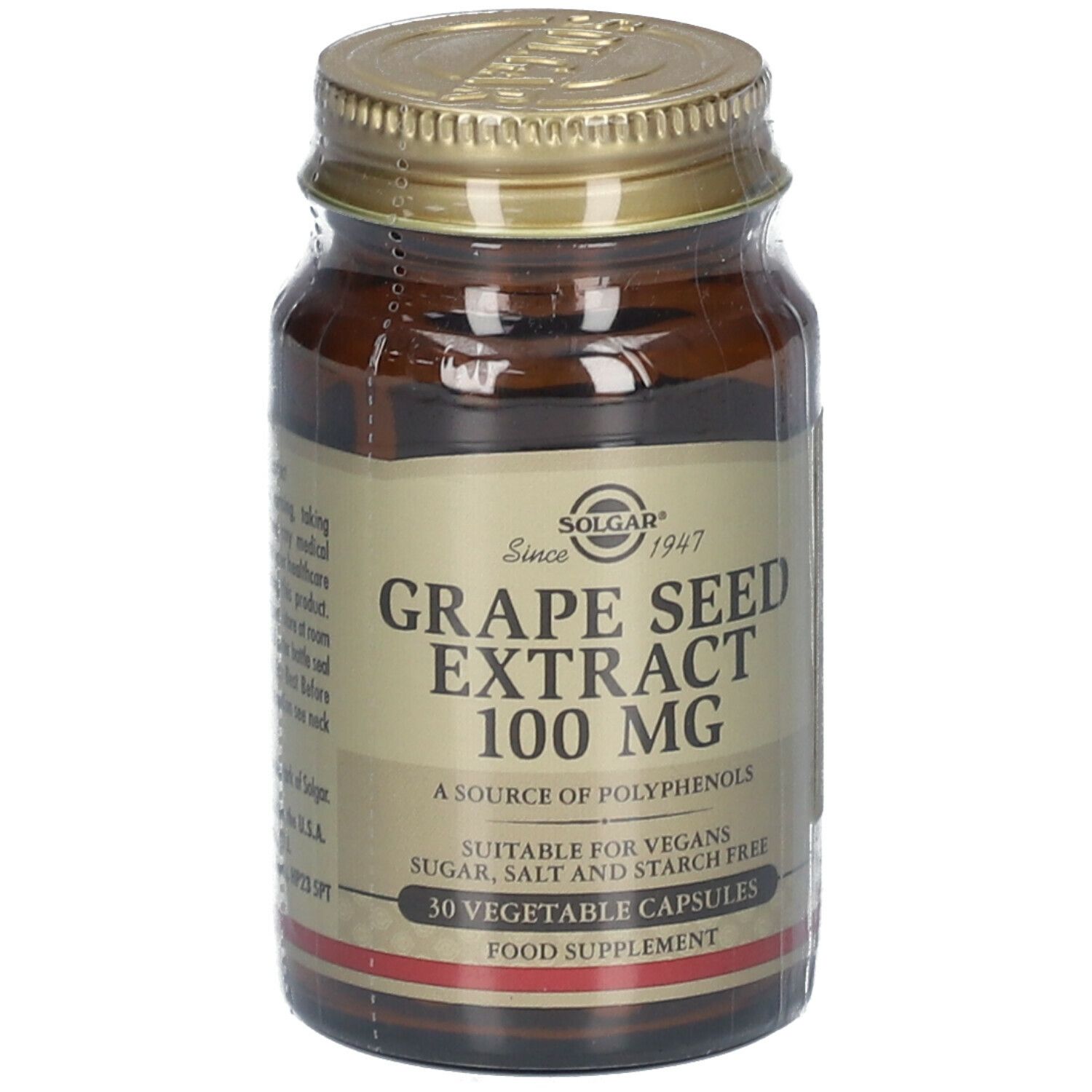 Bruine glazen fles met gouden dop. Opschrift: Grape Seed Extract 100 mg. 30 capsules. Geschikt voor veganisten.