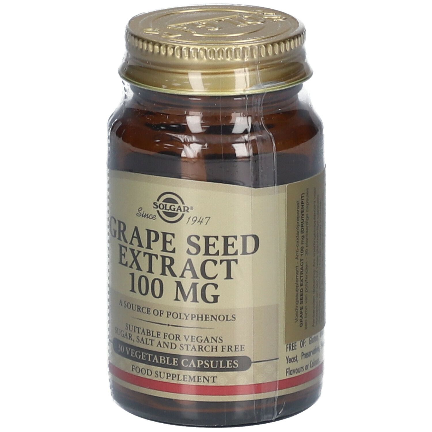Bruine glazen fles met gouden dop. Opschrift: Grape Seed Extract 100 mg. 30 capsules. Geschikt voor veganisten.