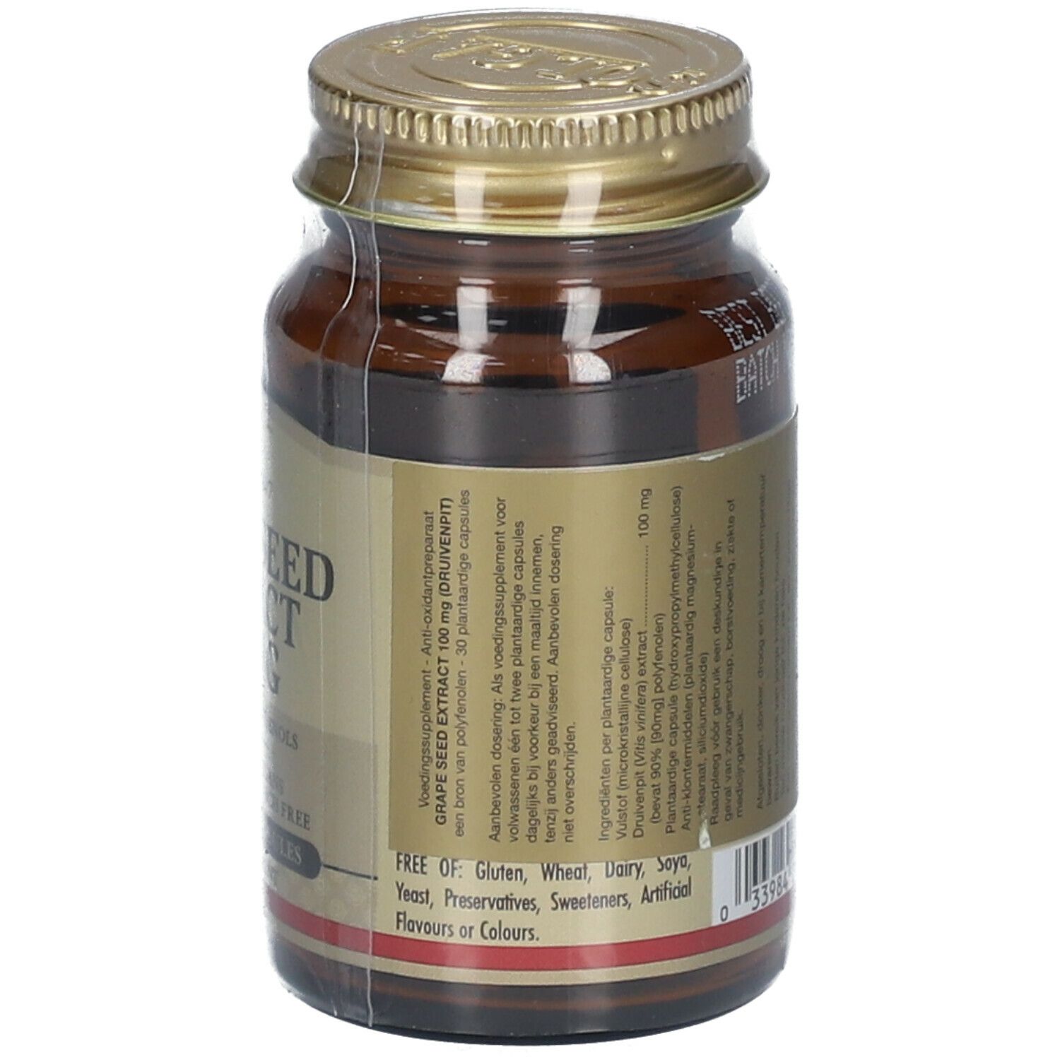 Achterkant fles. Tekst: Grape Seed Extract 100 mg. Ingrediënten. Vrij van gluten, tarwe, zuivel, soja, gist, etc.