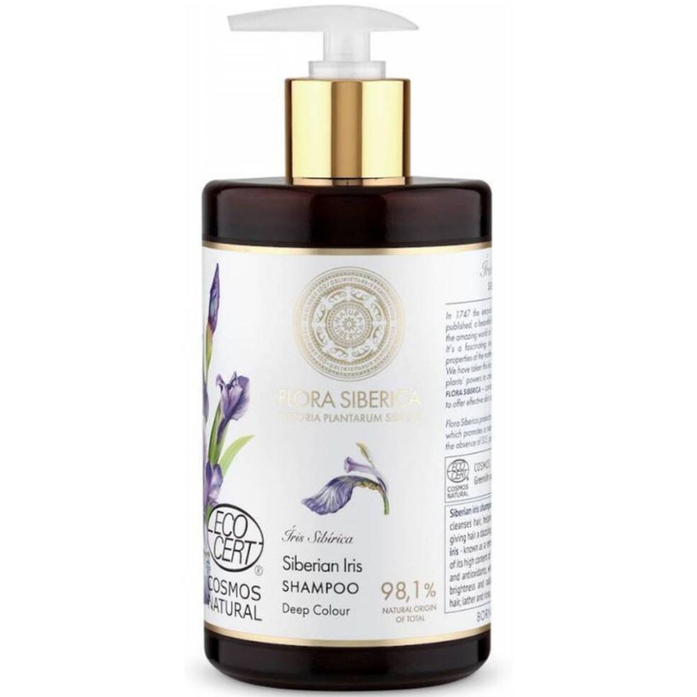Shampoo-Flasche mit Pumpe. Aufkleber mit lila Iris-Blüten und Text: Flora Siberica, Siberian Iris Shampoo, 98,1%.