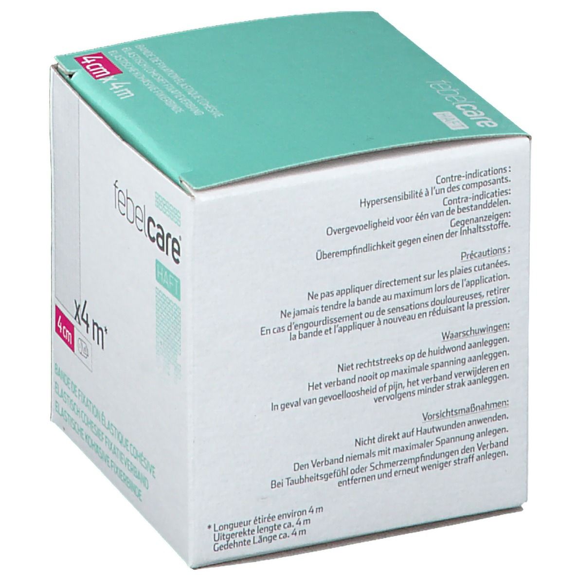 Doos Febelcare elastisch fixatieverband. Opschriften: 4cm x 4m, waarschuwingen. Groen-witte verpakking.