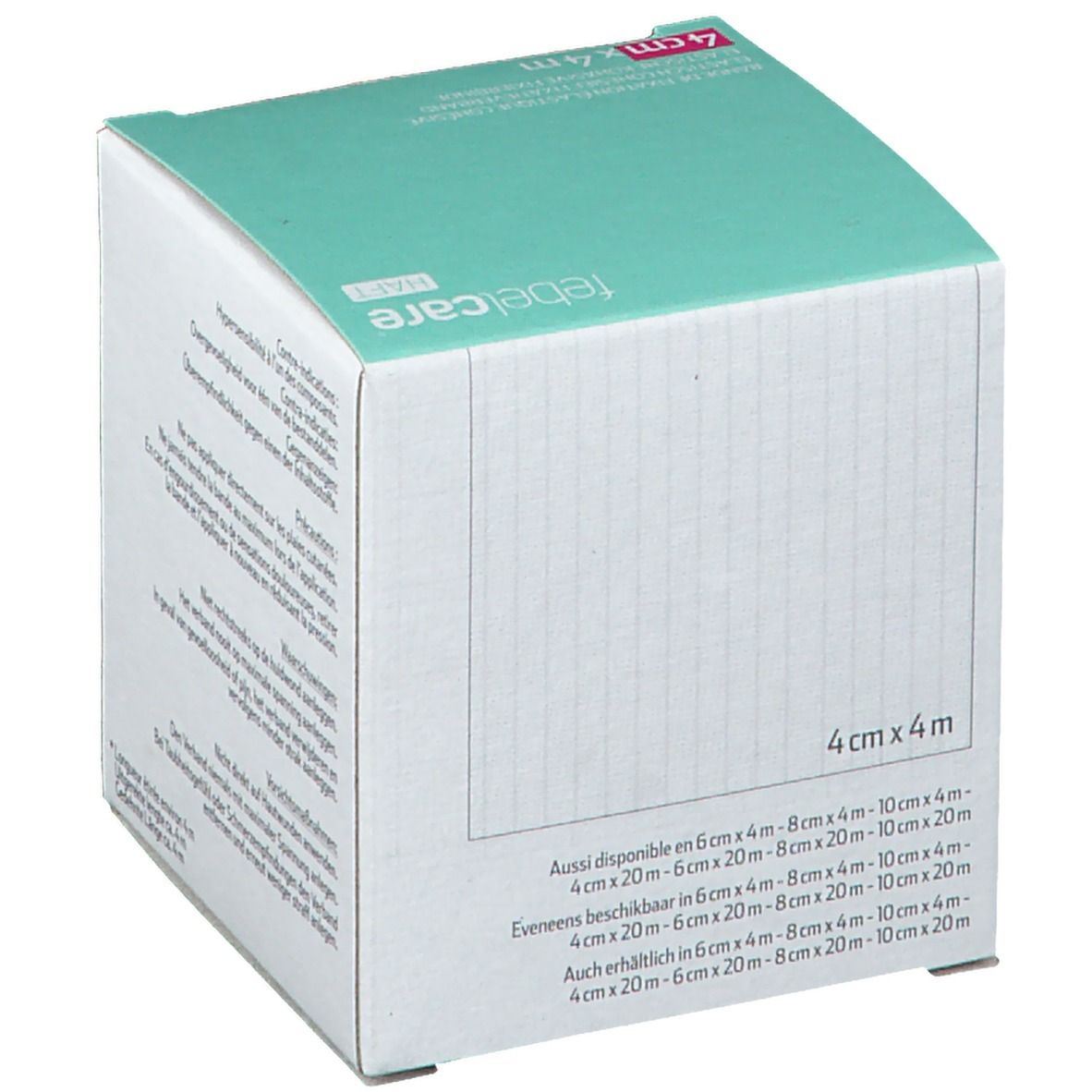 Doos Febelcare elastisch fixatieverband. Opschriften: 4cm x 4m, andere maten. Groen-witte verpakking.