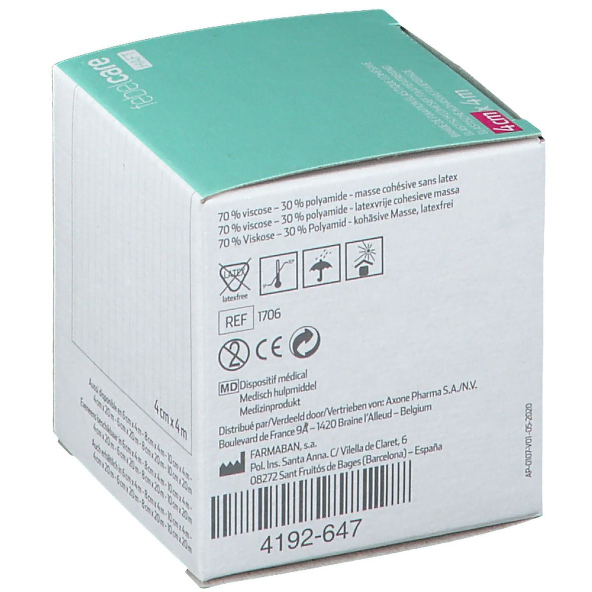 Doos Febelcare elastisch fixatieverband. Opschriften: 4cm x 4m, ingrediënten, medische info. Groen-witte verpakking.