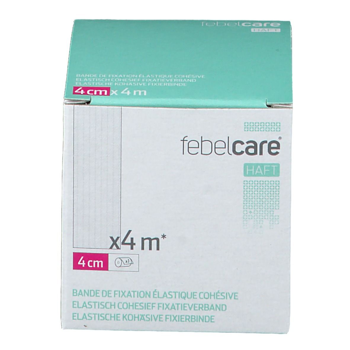 Doos Febelcare elastisch fixatieverband. Opschriften: 4cm x 4m, verband. Groen-witte verpakking.