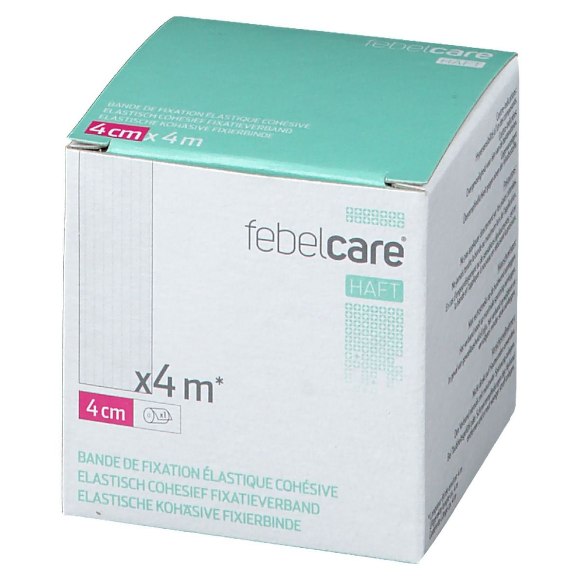 Doos Febelcare elastisch fixatieverband. Opschriften: 4cm x 4m, verband. Groen-witte verpakking.