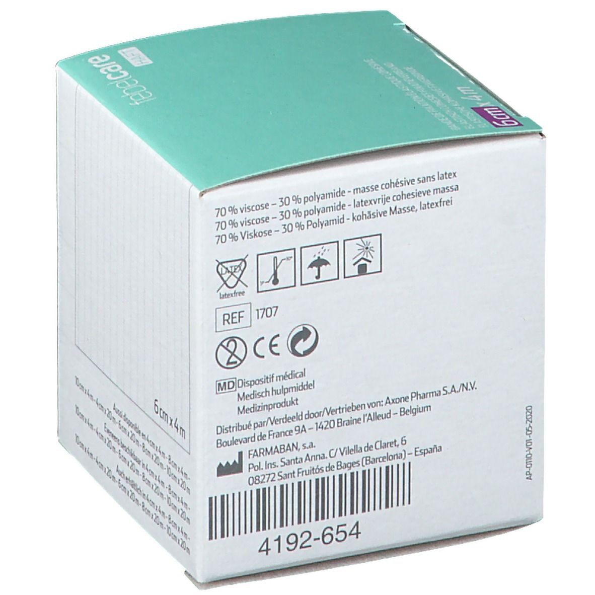 Achterkant van de Febelcare verbandverpakking. Ingrediënten, medische informatie, CE-markering.