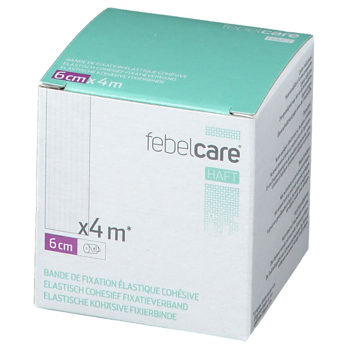 Verpakking van Febelcare elastisch fixatieverband. Afmetingen: 6cm x 4m. Groen-witte doos met productinfo en logo.