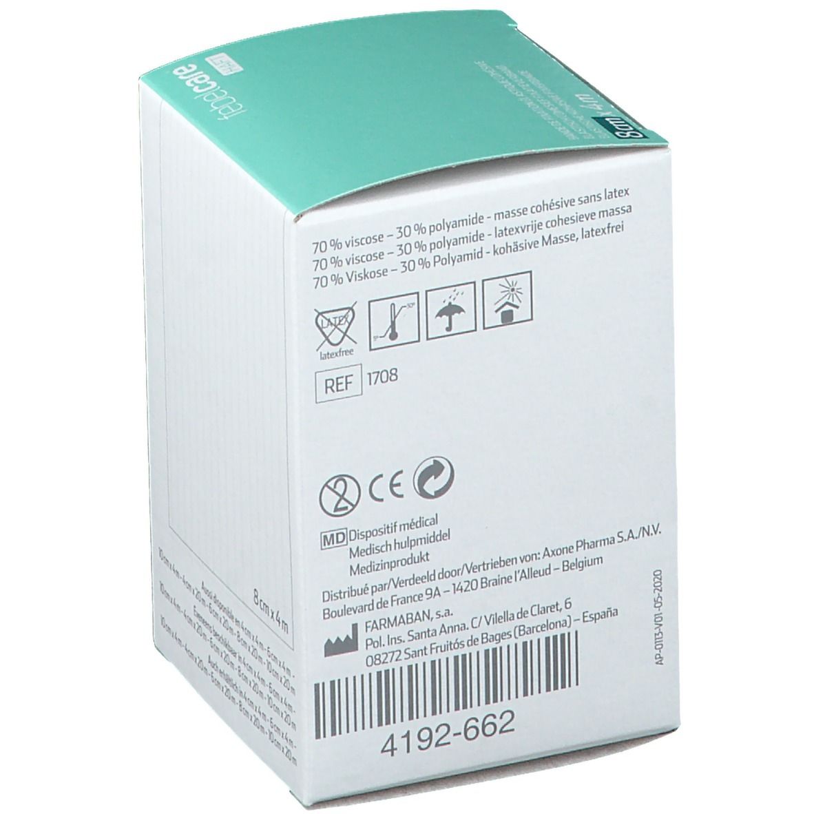 Verpakking van elastisch fixatieverband. Opschrift: 8cm x 4m. Ingrediënten, medische markering, CE-markering. Witte doos.