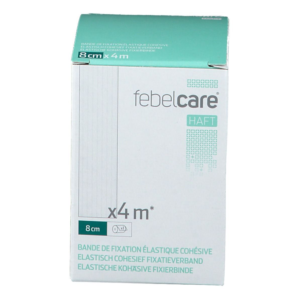 Verpakking van elastisch fixatieverband. Opschrift: Febelcare Haft, 8cm x 4m. Witte doos met turquoise deksel.