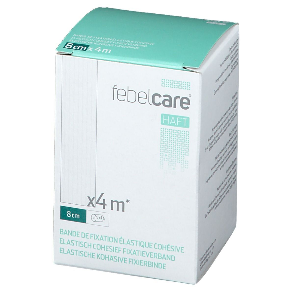 Verpakking van elastisch fixatieverband. Opschrift: Febelcare Haft, 8cm x 4m. Witte doos met turquoise deksel.