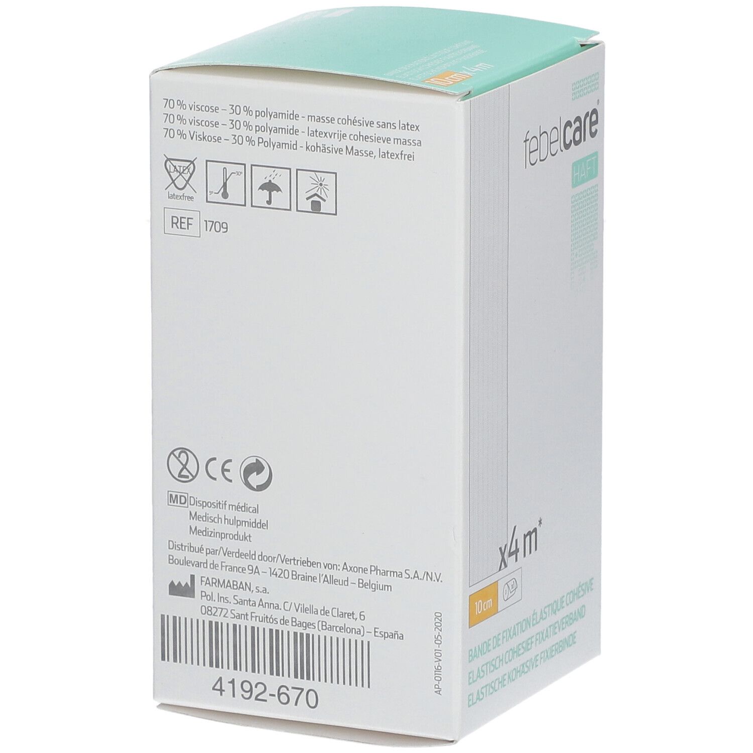 Achterkant van de Febelcare Haft Bandage verpakking. Bevat informatie over samenstelling, waarschuwingen en CE-markering.