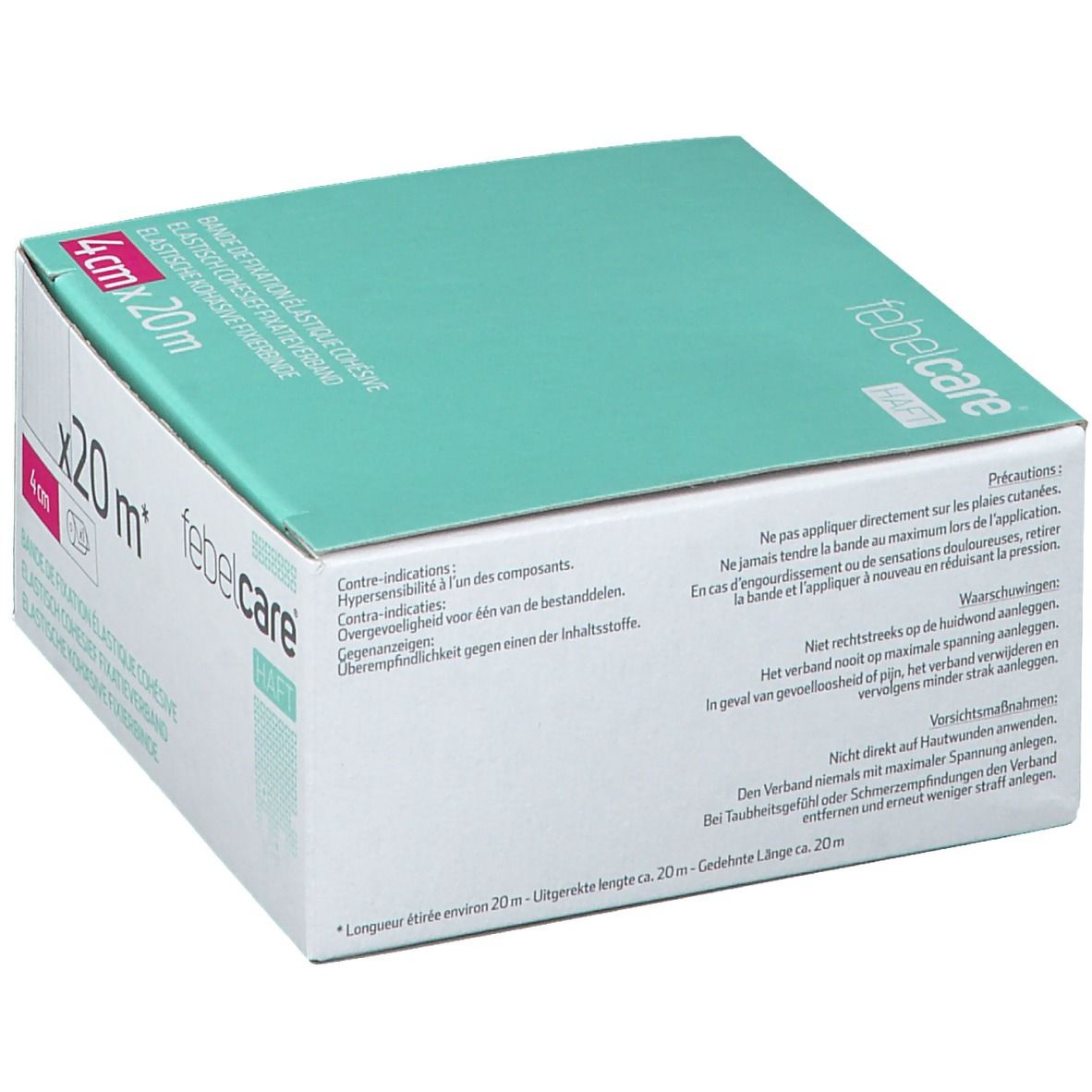 Verpakking van elastisch zelfklevend verband. Afmeting: 4 cm x 20 m. Merk: Febelcare. Franse tekst.