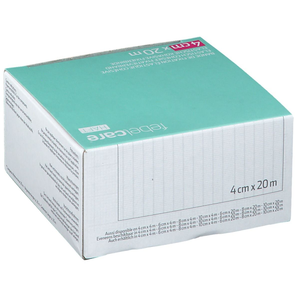 Verpakking van elastisch zelfklevend verband. Afmeting: 4 cm x 20 m. Merk: Febelcare. Meertalige tekst.