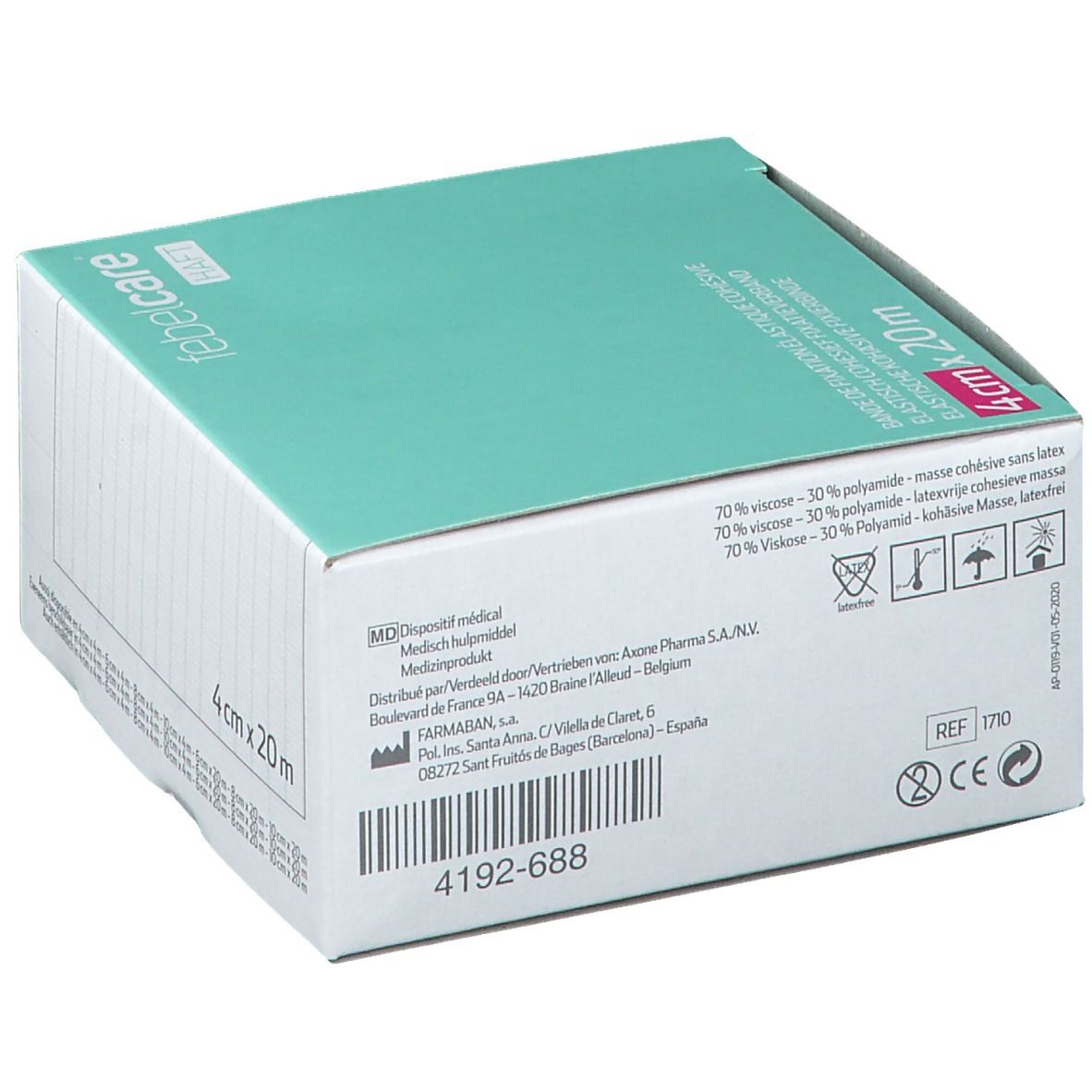 Verpakking van elastisch zelfklevend verband. Afmeting: 4 cm x 20 m. Merk: Febelcare. Medisch hulpmiddel.
