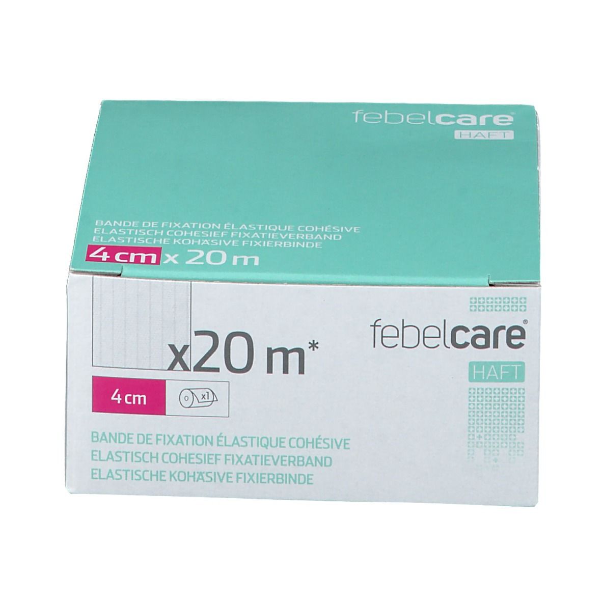 Verpakking van elastisch zelfklevend verband. Afmeting: 4 cm x 20 m. Merk: Febelcare Haft. Rol afgebeeld.