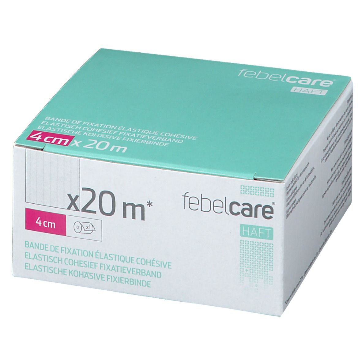 Verpakking van elastisch zelfklevend verband. Afmeting: 4 cm x 20 m. Merk: Febelcare Haft. Productinformatie.