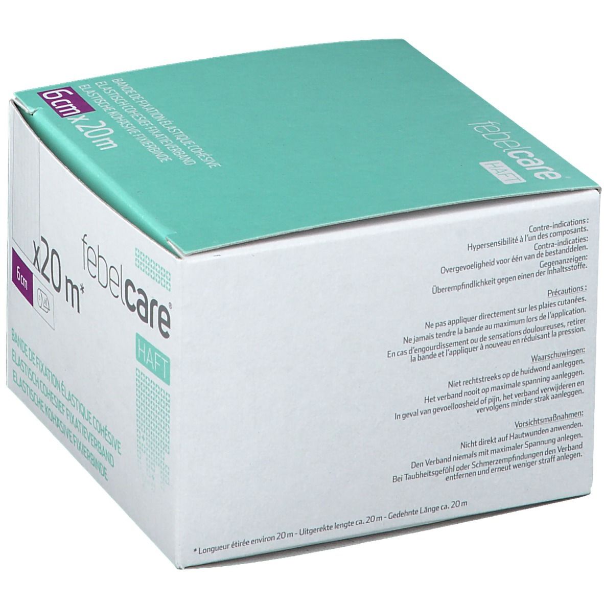 Verpakking van Febelcare Haft Bandage. Afmeting: 6cm x 20m. Tekst op de achterkant. Voorzorgsmaatregelen.