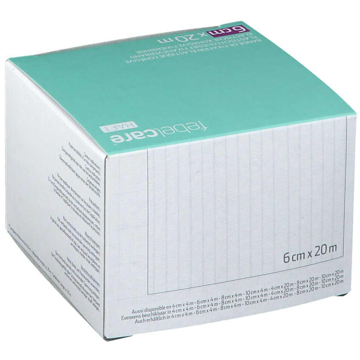 Verpakking van Febelcare Haft Bandage. Afmeting: 6cm x 20m. Tekst en lijnenpatroon op de zijkant.