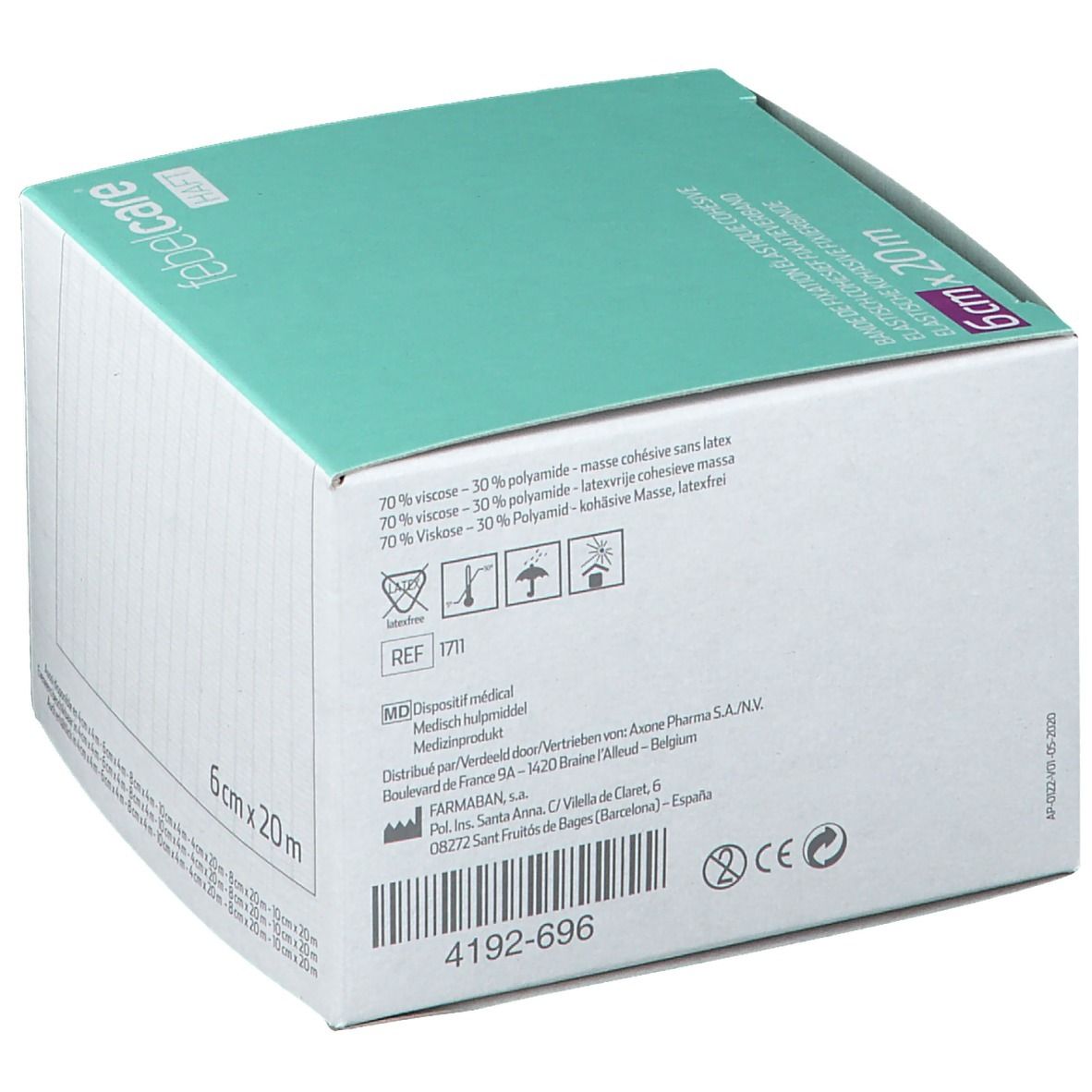 Verpakking van Febelcare Haft Bandage. Afmeting: 6cm x 20m. Medisch hulpmiddel markering, barcode.