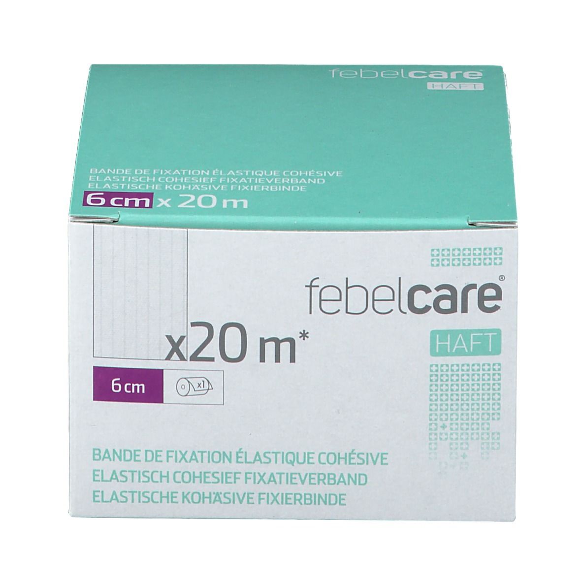 Verpakking van Febelcare Haft Bandage. Afmeting: 6cm x 20m. Logo en merknaam duidelijk zichtbaar.