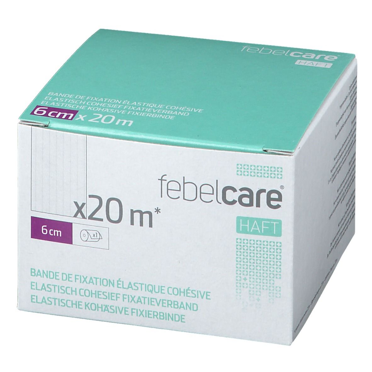 Verpakking van Febelcare Haft Bandage. Afmeting: 6cm x 20m. Logo en merknaam duidelijk zichtbaar.