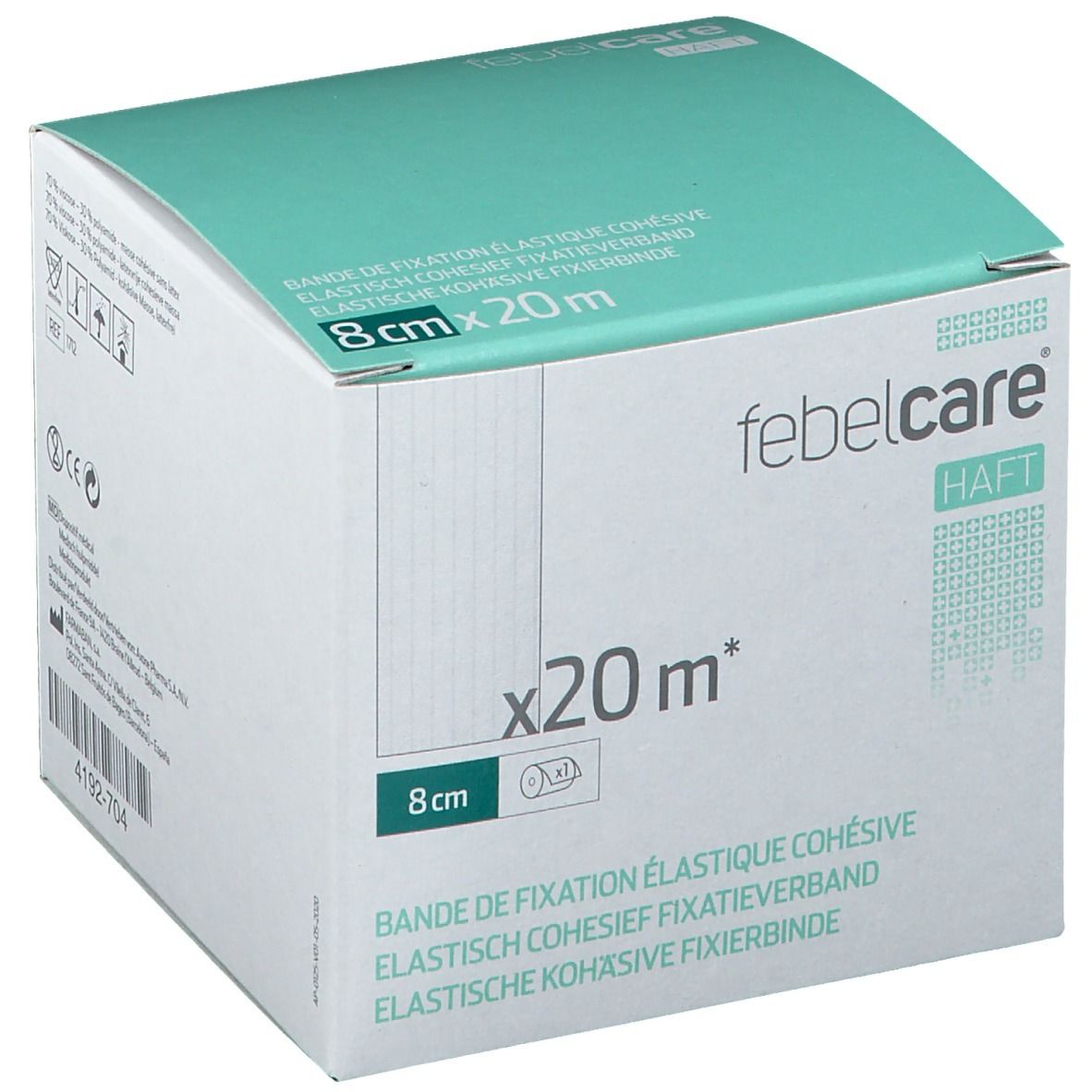 Verpakking van Febelcare Haft Bandage de Fixation Elastique. Afmetingen: 8cm x 20m. Witte doos met turquoise deksel, productnaam en informatie.
