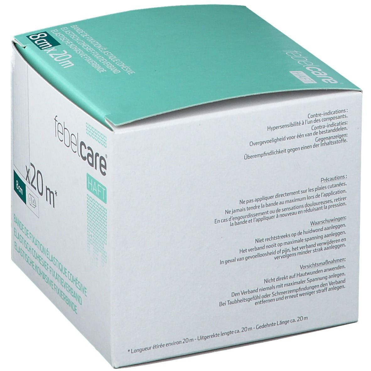 Open verpakking van Febelcare Haft Bandage de Fixation Elastique. Afmetingen: 8cm x 20m. Witte doos met turquoise deksel, productinformatie.