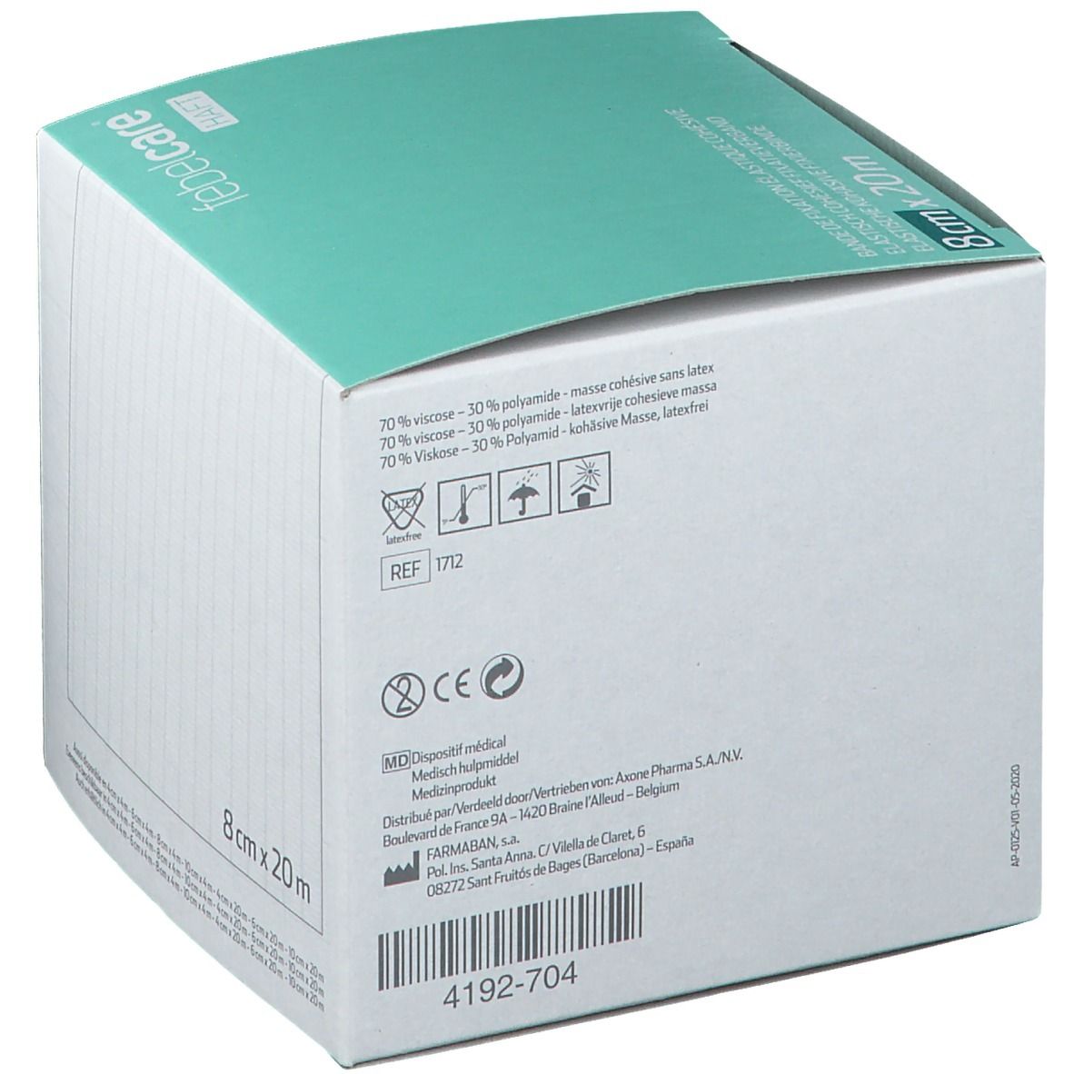 Achterkant van de verpakking van Febelcare Haft Bandage de Fixation Elastique. Afmetingen: 8cm x 20m. Witte doos, productinformatie, logo's en codes.