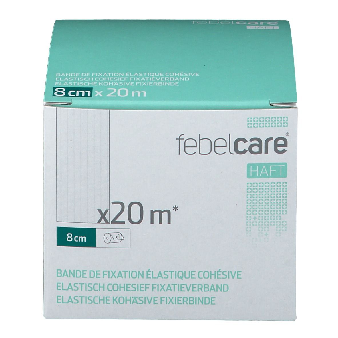 Voorkant van de verpakking van Febelcare Haft Bandage de Fixation Elastique. Afmetingen: 8cm x 20m. Witte doos, turquoise deksel, productnaam en info.