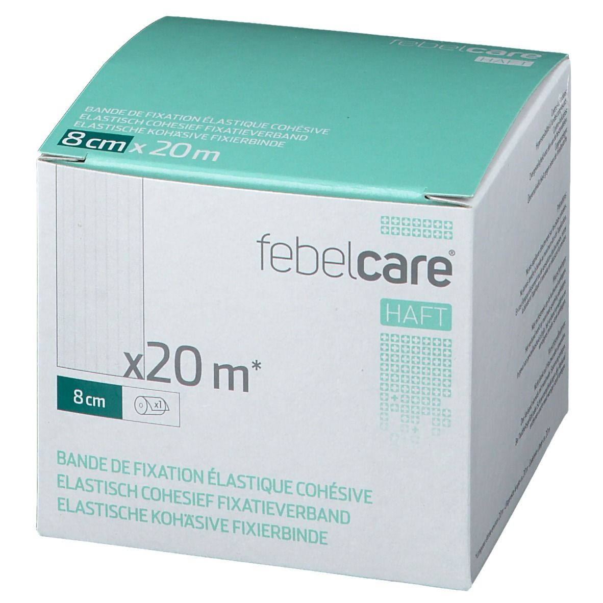 Verpakking van Febelcare Haft Bandage de Fixation Elastique. Afmetingen: 8cm x 20m. Witte doos, turquoise deksel, productnaam en info.