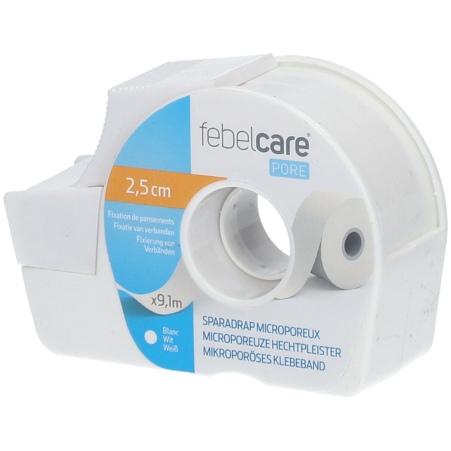 Witte Febelcare Pore pleister, 2,5 cm x 9,1 m, in dispenser. Opschriften: Fixation de pansements, Sparadrap microporeux.