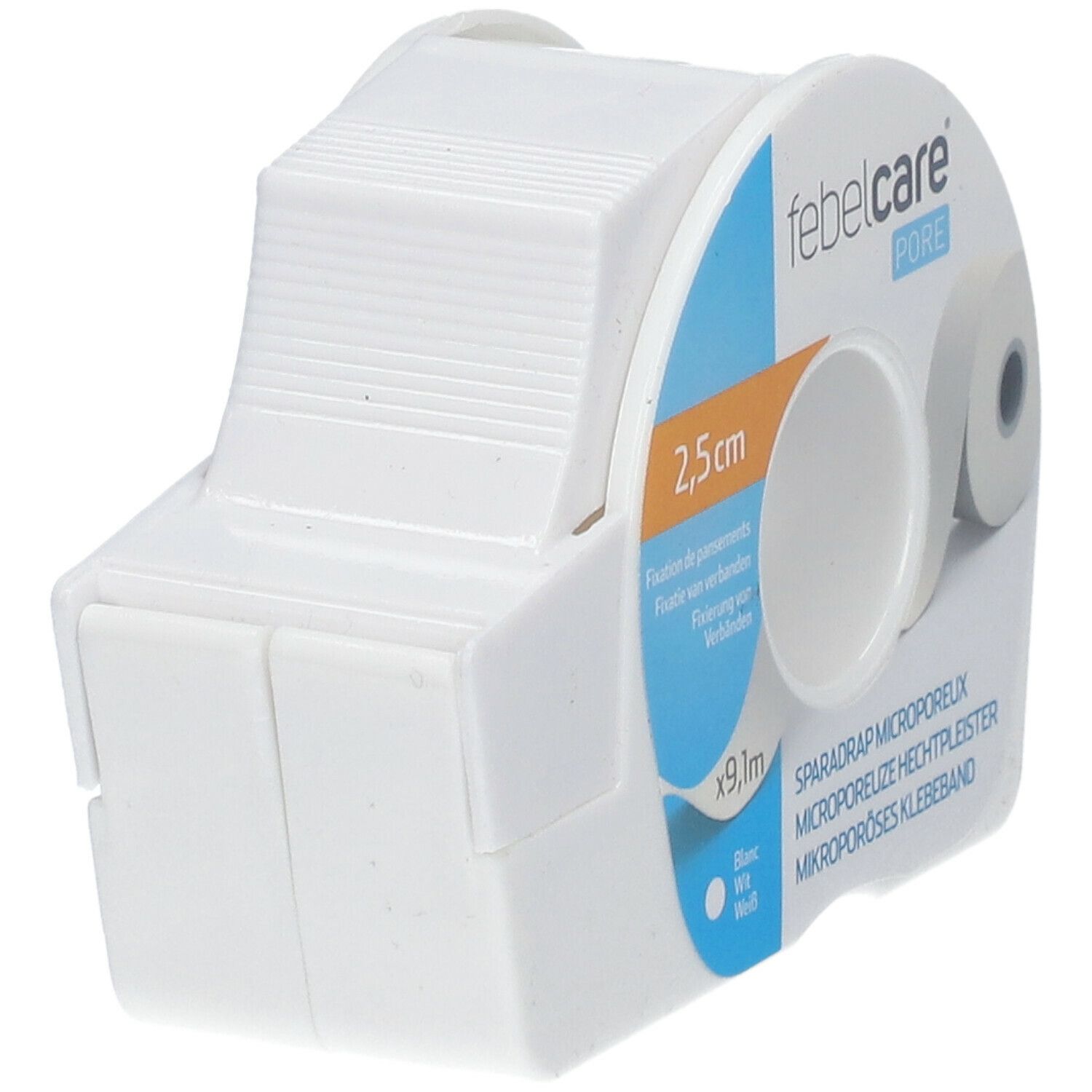 Witte Febelcare Pore pleister in dispenser. Opschriften: 2,5 cm, 9,1 m, Fixation de pansements, Sparadrap microporeux.