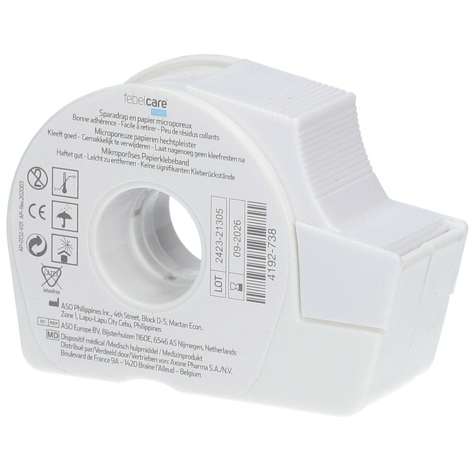 Febelcare Pore pleister in dispenser. Opschriften: Sparadrap papier microporeux, 2423-21305, 09-2026, 4192-738.
