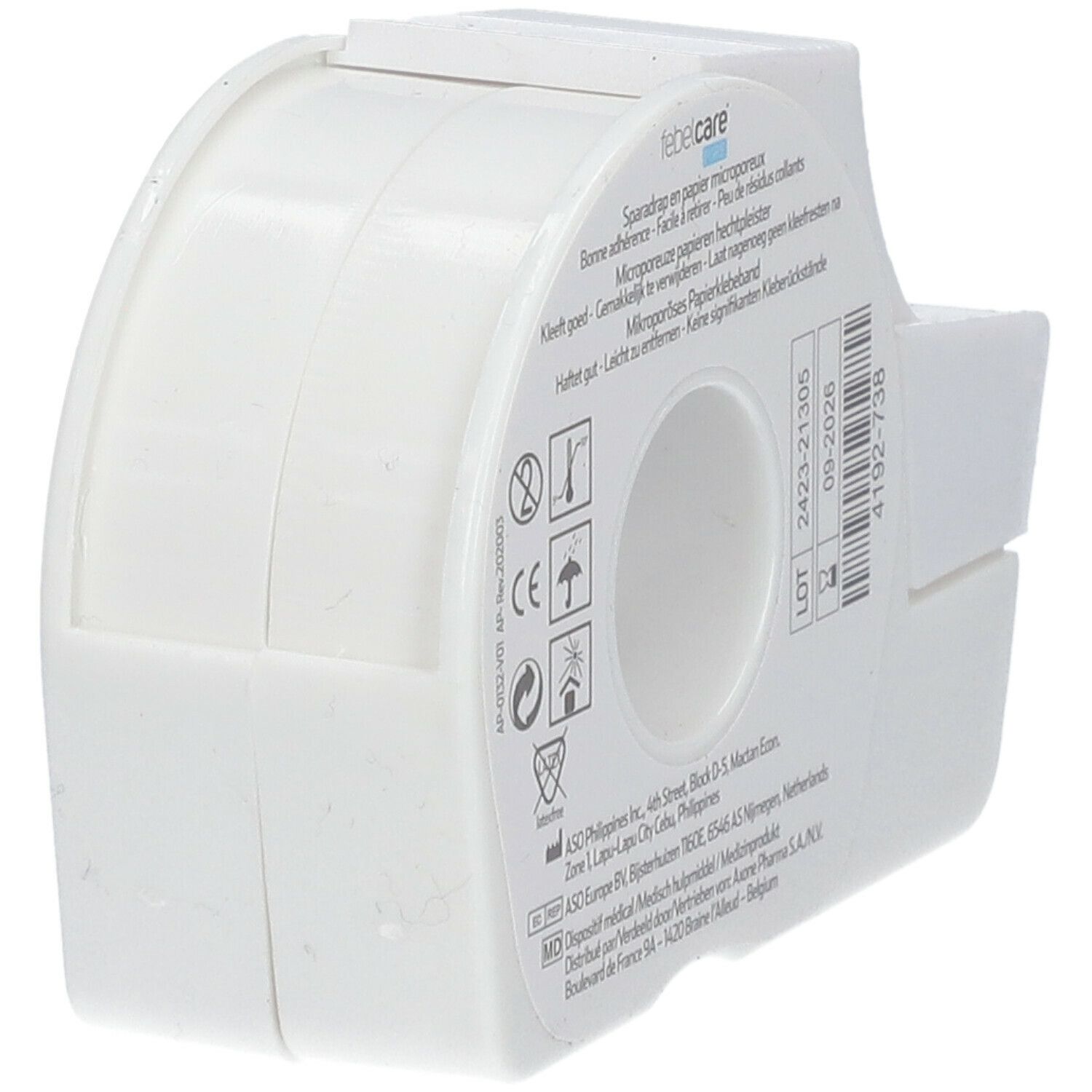 Febelcare Pore pleister in dispenser. Opschriften: Sparadrap papier microporeux, 2423-21305, 09-2026, 4192-738.