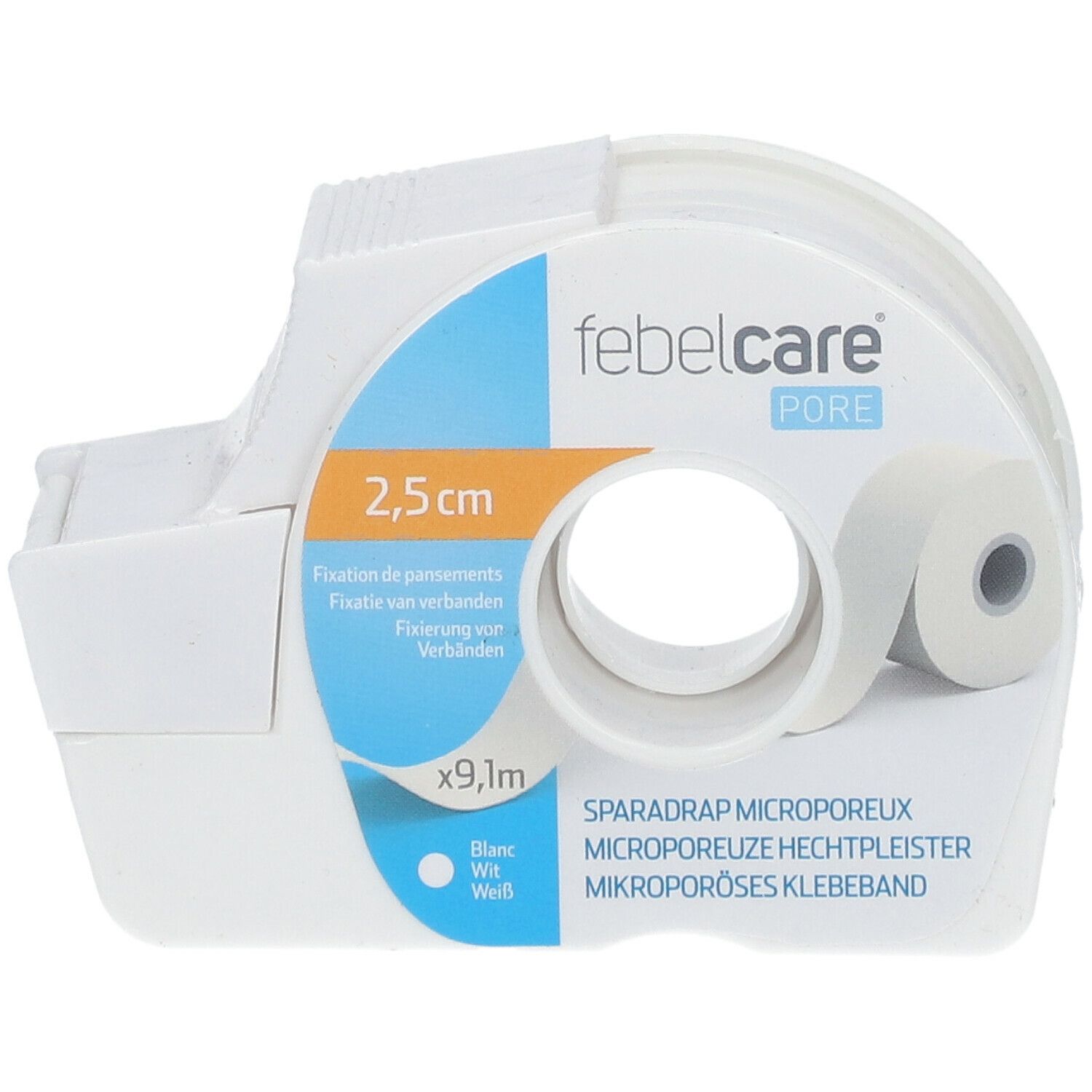 Witte Febelcare Pore pleister, 2,5 cm x 9,1 m, in dispenser. Opschriften: Fixation de pansements, Sparadrap microporeux.