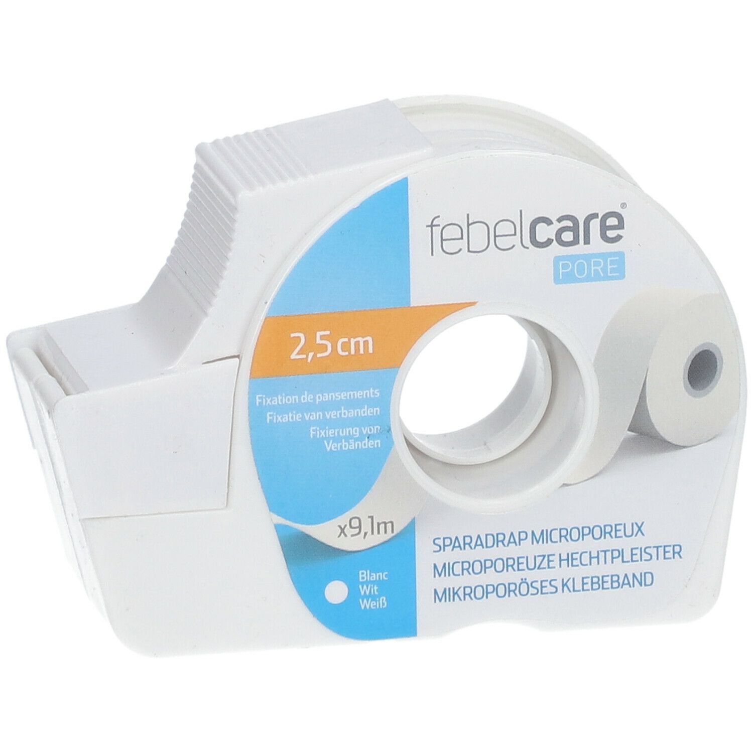 Witte Febelcare Pore pleister, 2,5 cm x 9,1 m, in dispenser. Opschriften: Fixation de pansements, Sparadrap microporeux.
