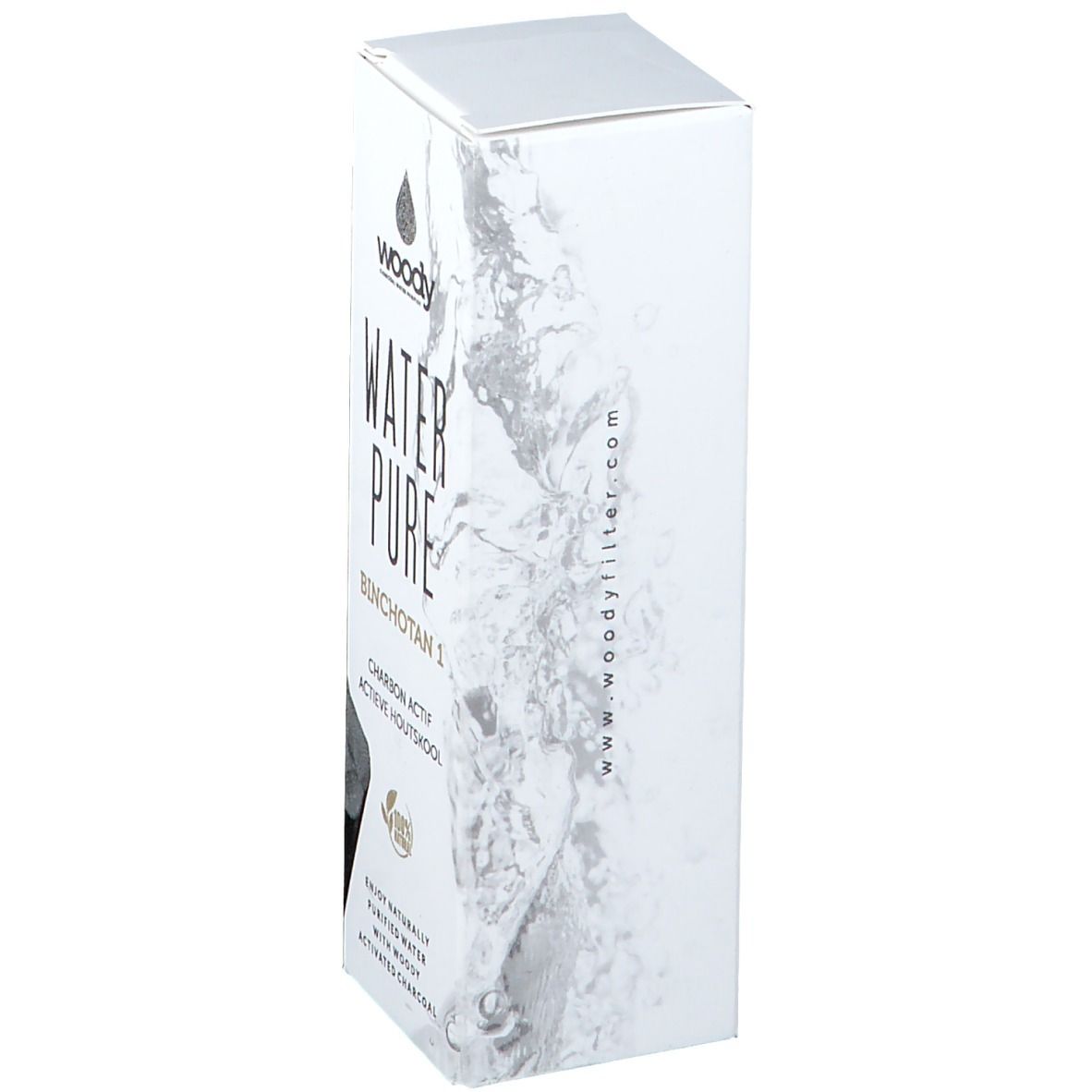 Boîte blanche avec WATER PURE BINCHOTAN 1. Logo et texte noirs. Adresse web www.woodyfilter.com.