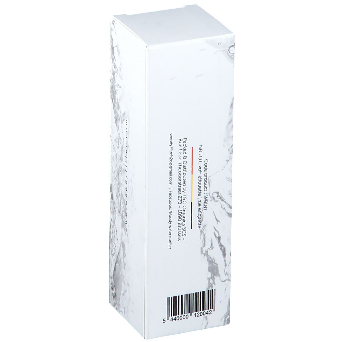 Boîte blanche avec informations produit. Code-barres et adresse. Texte noir. Design eau en arrière-plan.