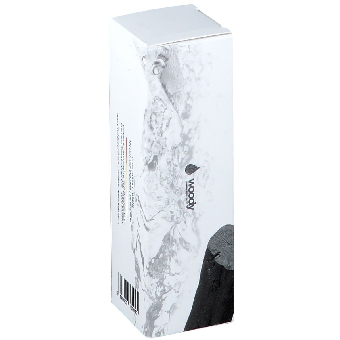Boîte blanche avec logo et nom du produit. Code-barres. Texte noir. Design eau en arrière-plan.