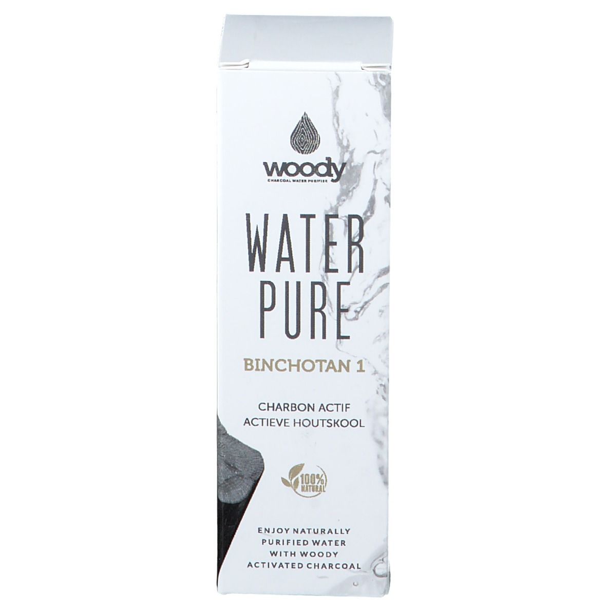 Boîte blanche avec WATER PURE BINCHOTAN 1. Logo et texte noirs. 100% naturel. Charbon actif.
