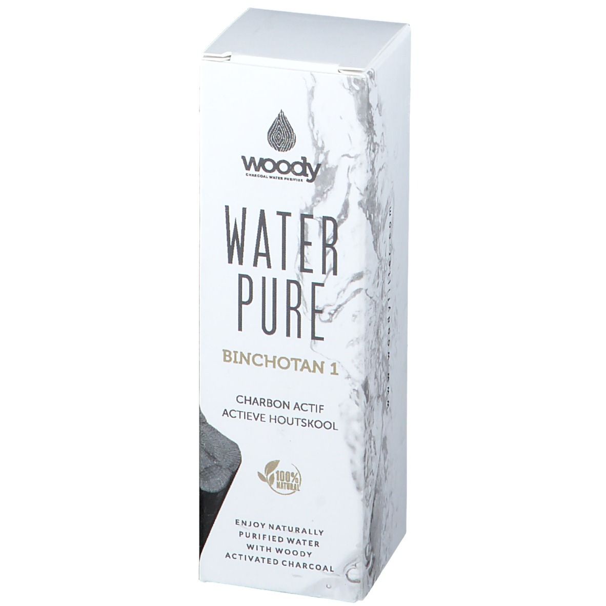 Boîte blanche avec WATER PURE BINCHOTAN 1. Logo et texte noirs. 100% naturel. Charbon actif.