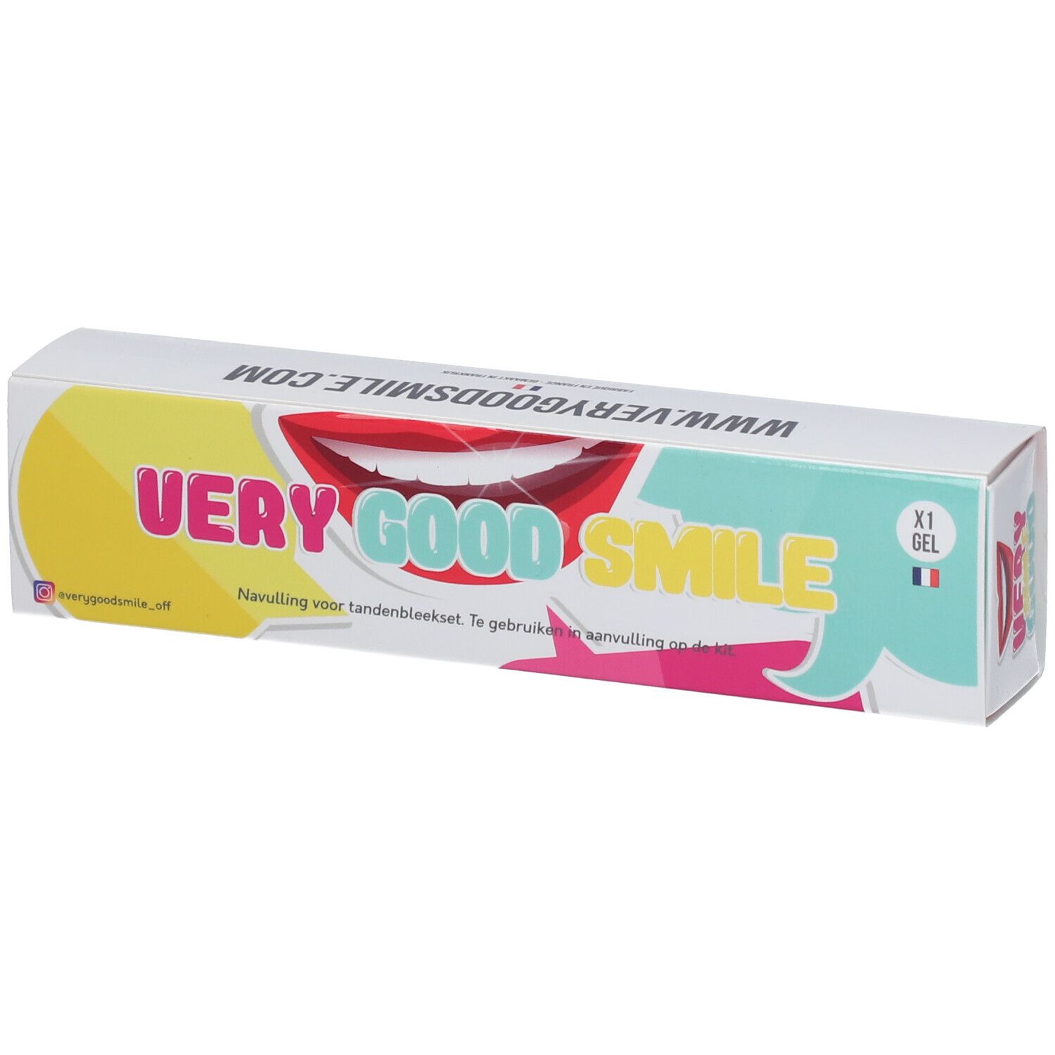 Boîte "VERY GOOD SMILE" avec logo et illustration de bouche. Texte: "Navulling voor tandenbleekset".