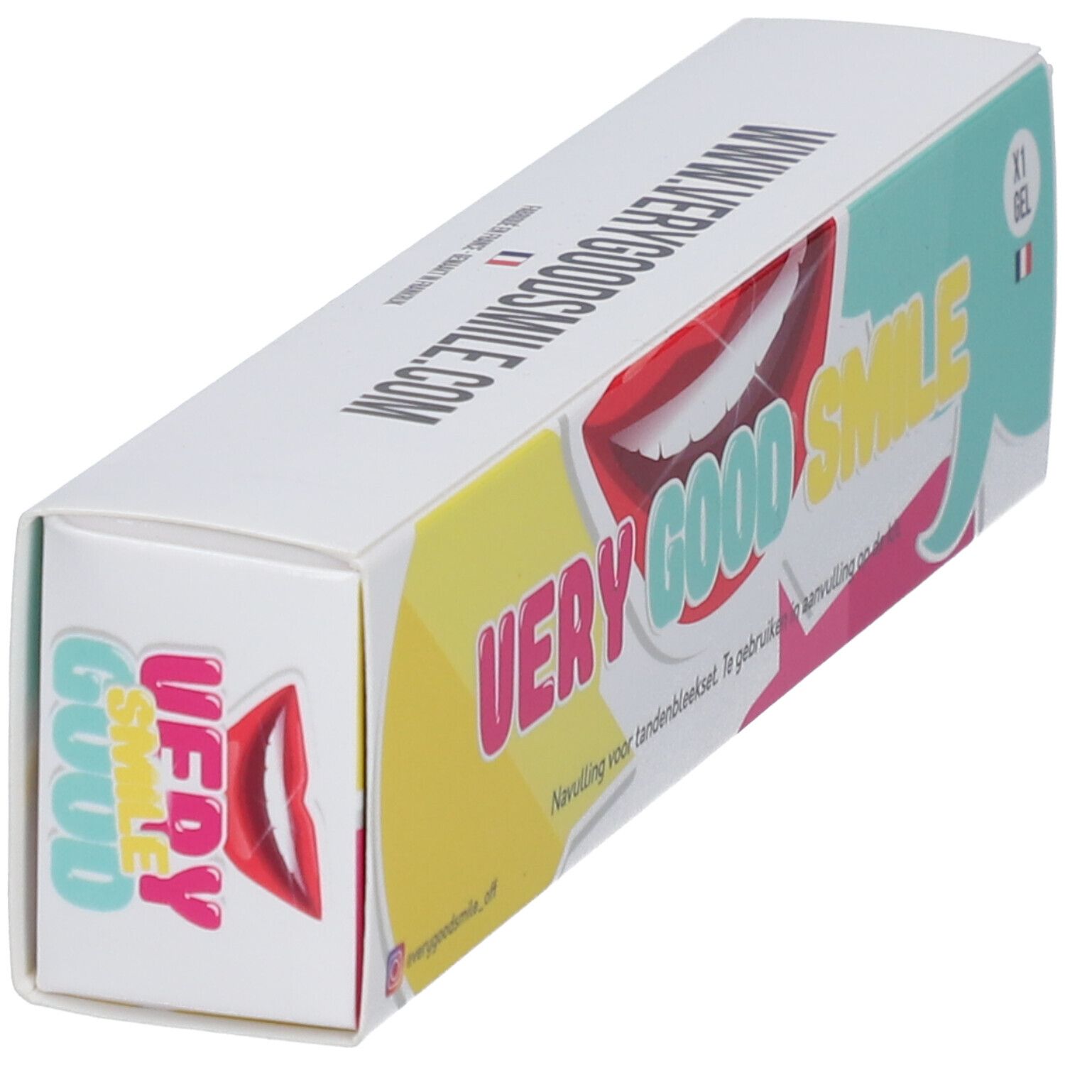 Boîte "VERY GOOD SMILE" avec logo et illustration de bouche. Texte: "Navulling voor tandenbleekset".