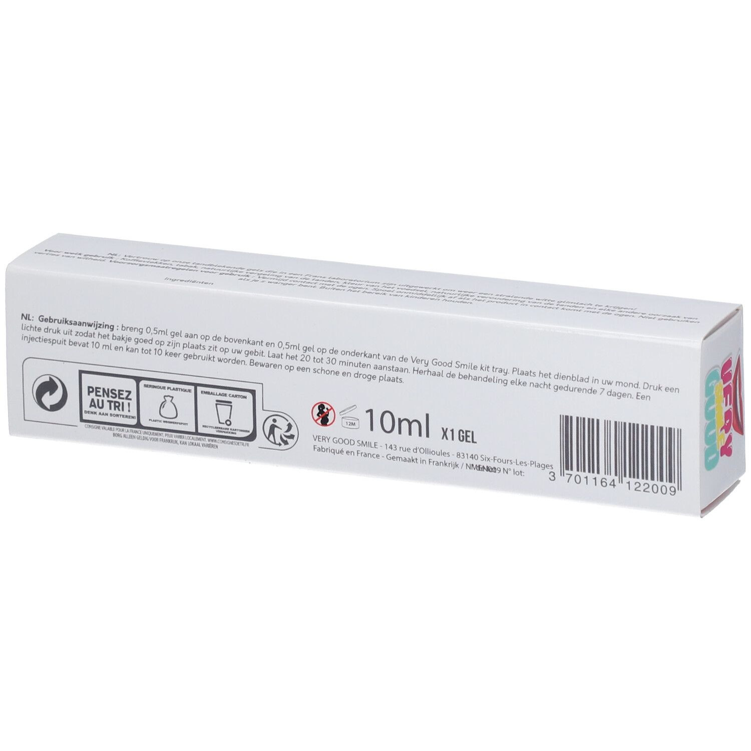 Dos de la boîte "VERY GOOD SMILE". Texte: instructions, 10ml, X1 Gel, code-barres.