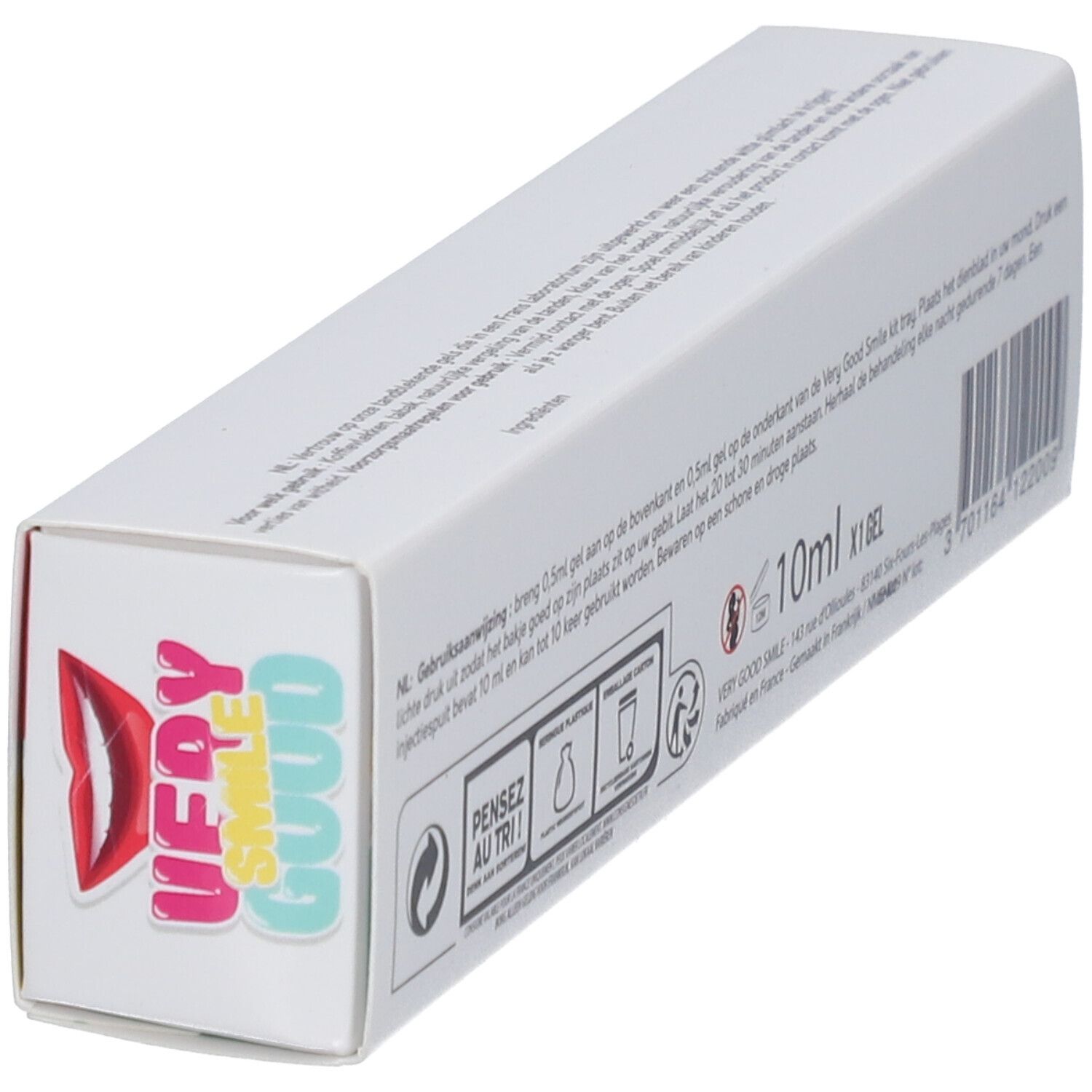 Dos de la boîte "VERY GOOD SMILE". Texte: instructions, 10ml, X1 Gel, code-barres.