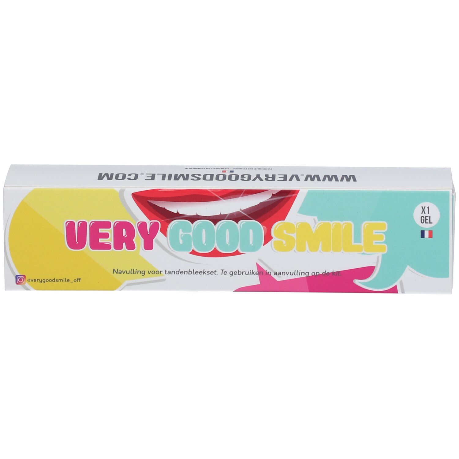 Boîte "VERY GOOD SMILE" avec logo et illustration de bouche. Texte: "Navulling voor tandenbleekset".