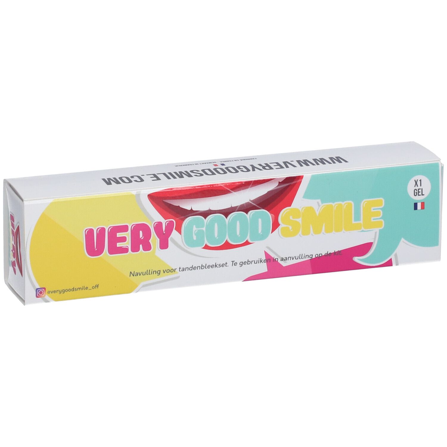 Boîte "VERY GOOD SMILE" avec logo et illustration de bouche. Texte: "Navulling voor tandenbleekset".